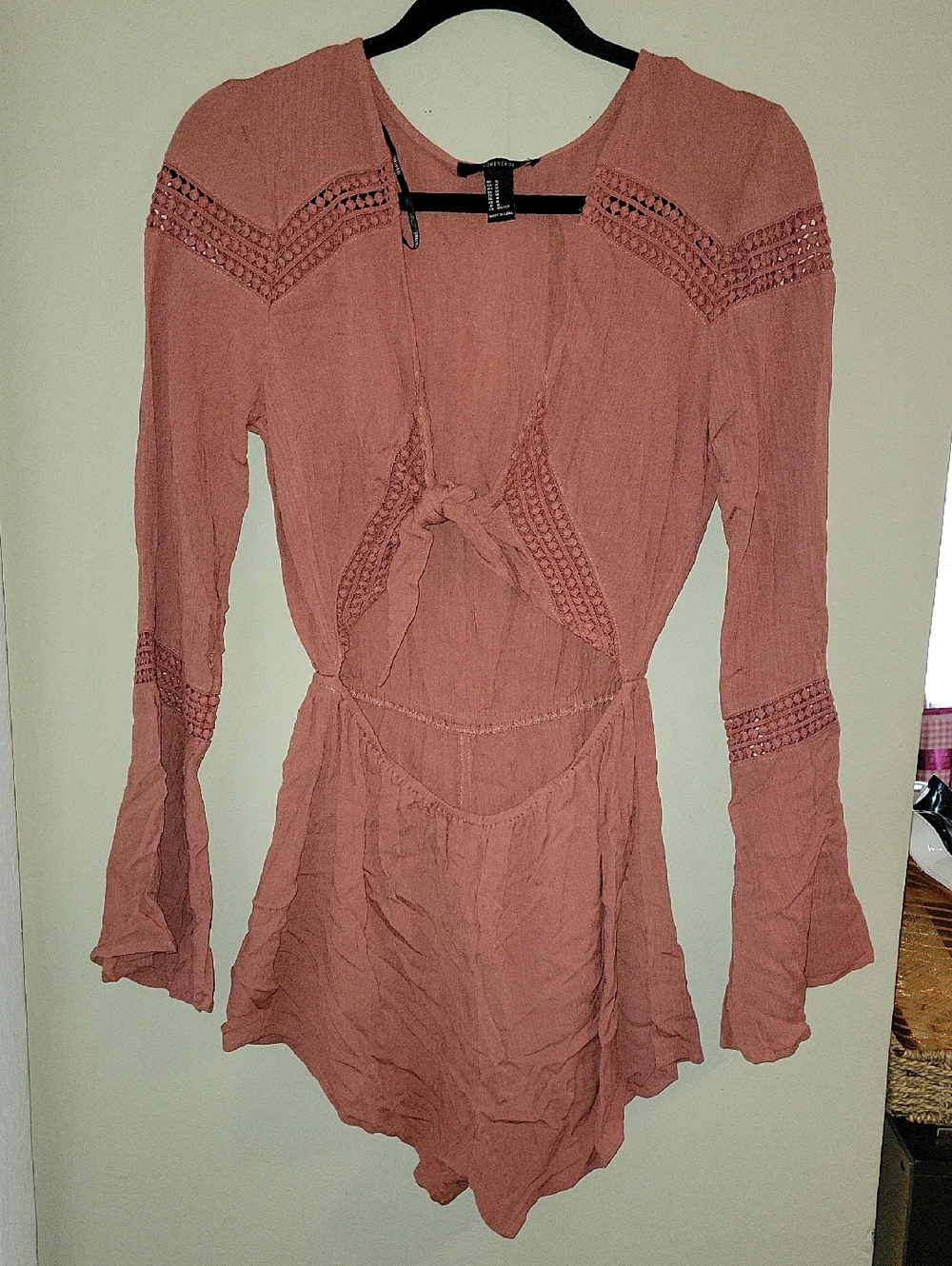 Women's Rust Pink Tie-Front Romper with Crochet Trim